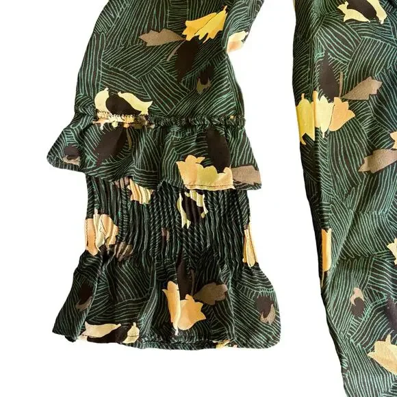 Derek Lam 10 Crosby Green Scribble Print Ruffle Sleeve Dress 100% Silk Flowy